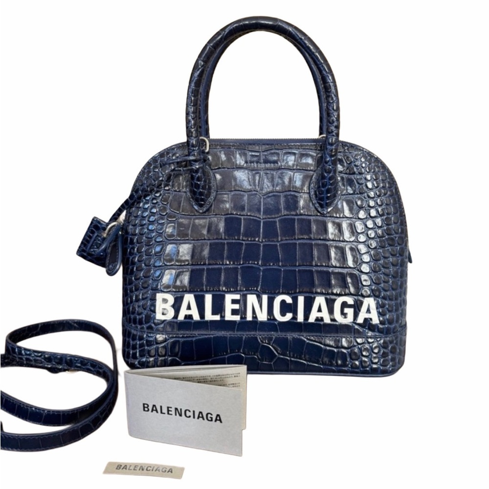 Balenciaga Ville Large Navy Croc-Embossed Bag